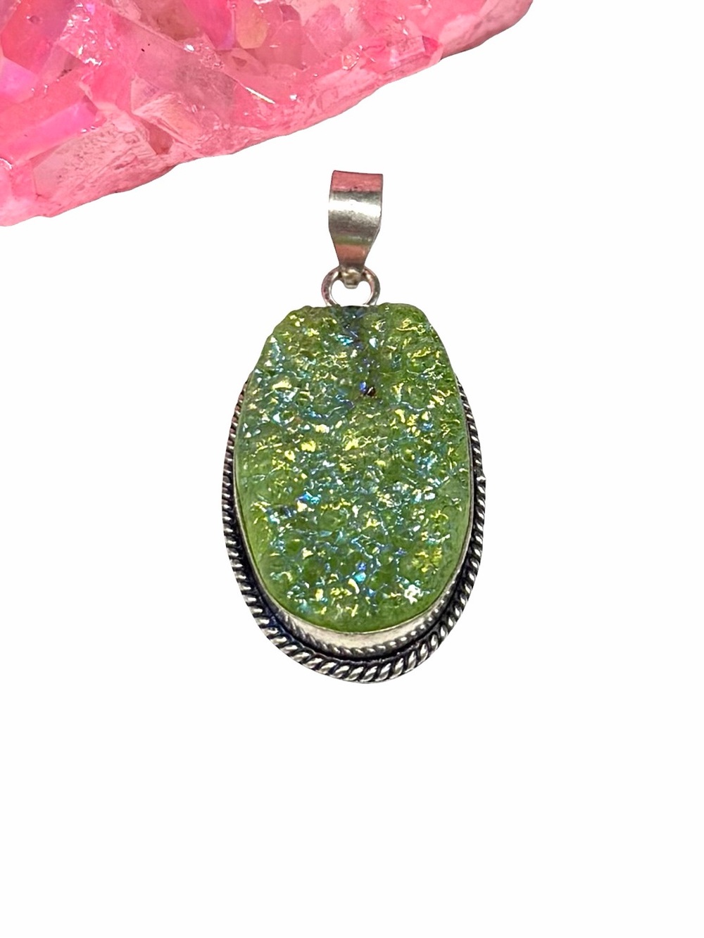 Green Titanium Druzy Necklace Pendant 925 Sterling Silver Overlay